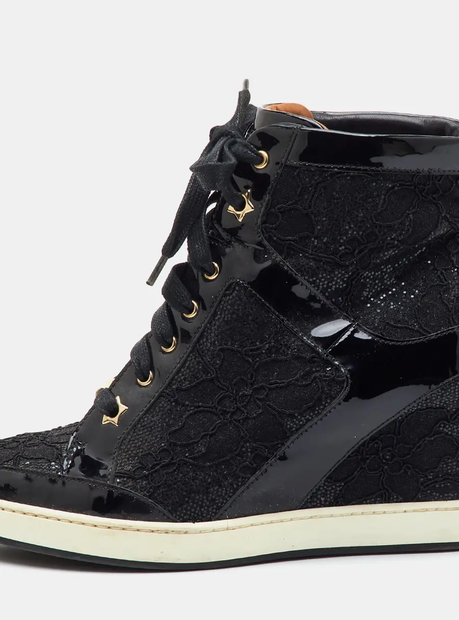 Jimmy Choo Panama Size 39.5 Black Lace and Patent Leather Wedge Sneakers