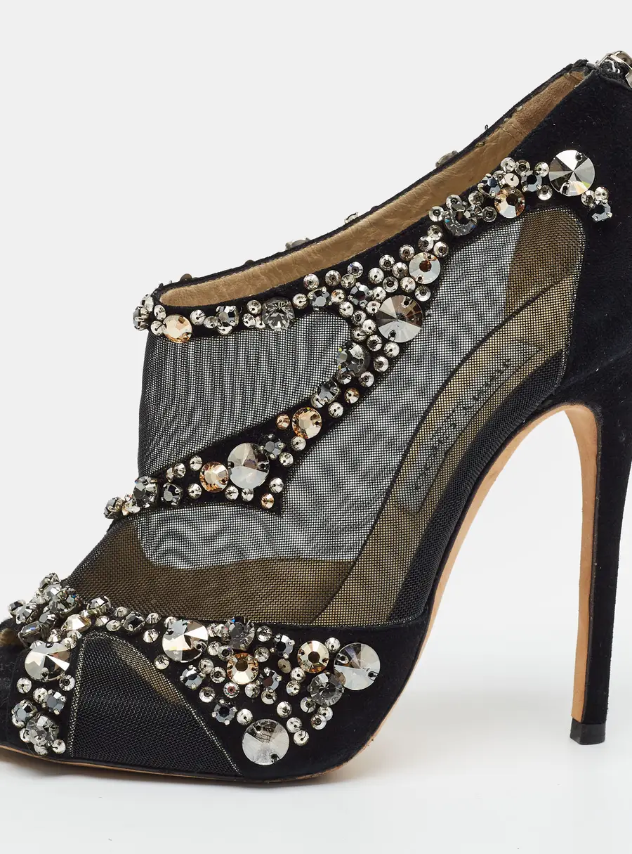 Jimmy Choo Size 39 Black Mesh and Suede Crystal Embellished Open Toe Pumps