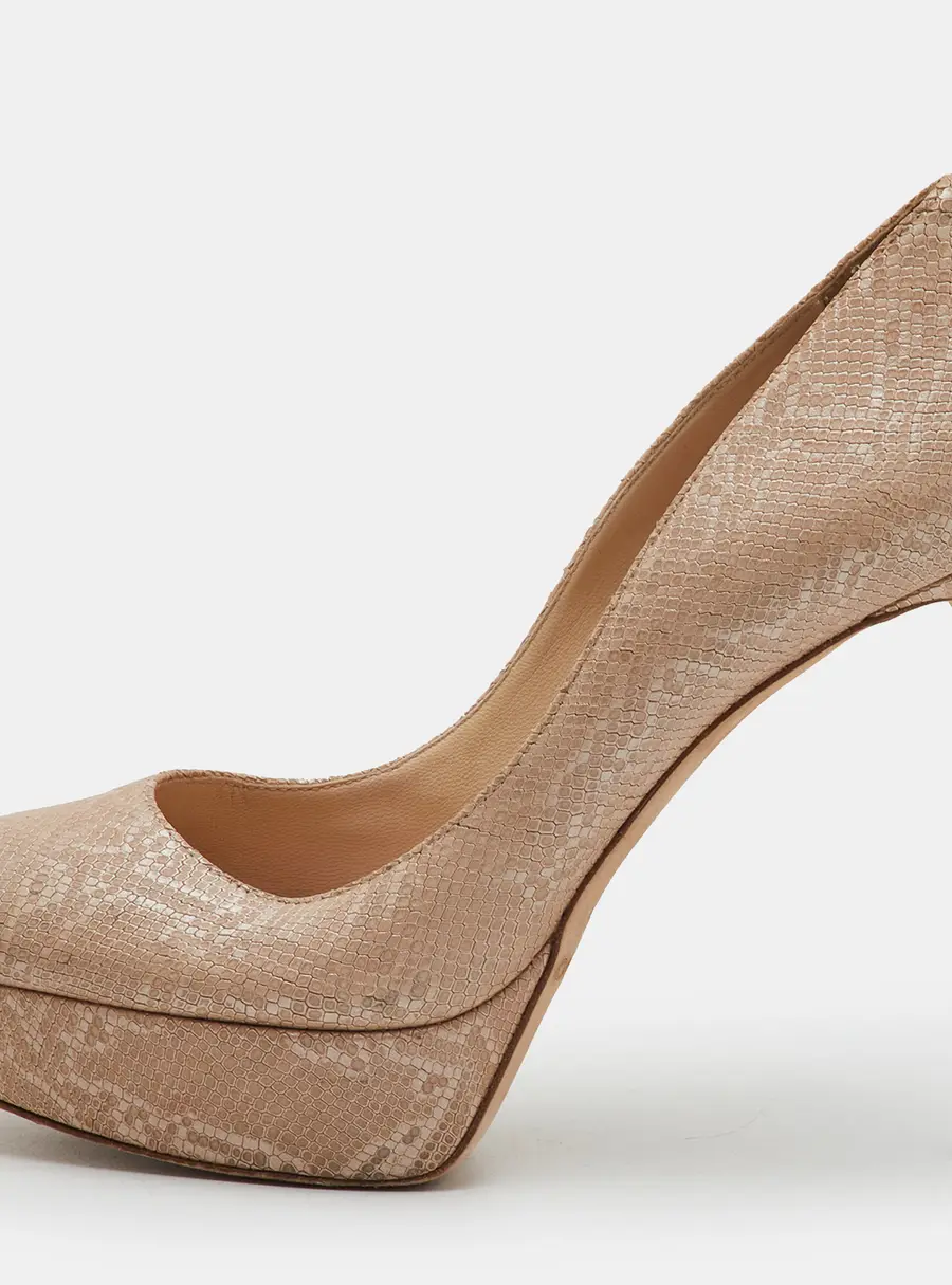 Jimmy Choo Size 37.5 Beige Embossed Leather Platform Pumps