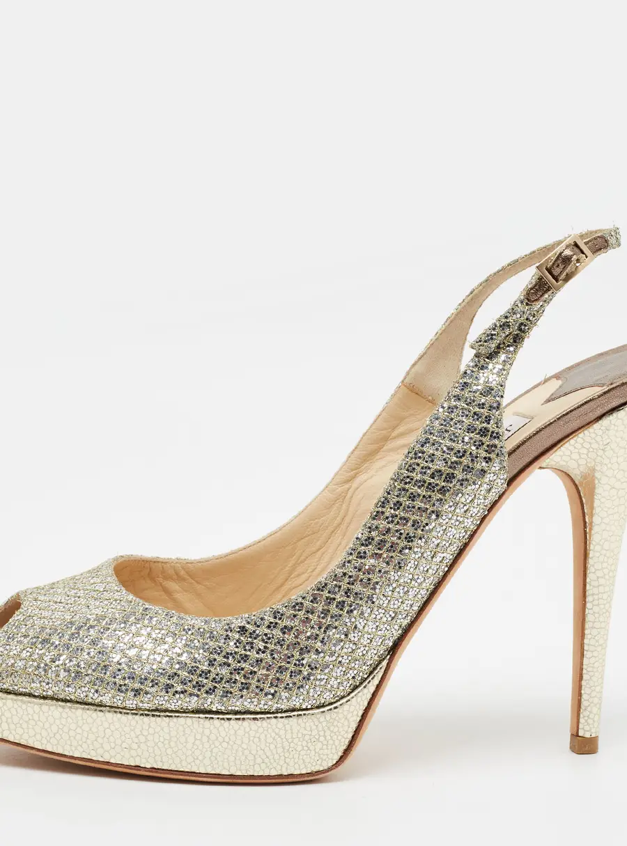 Jimmy Choo Nova Size 41 Silver Glitter Platform Peep Toe Slingback Sandals