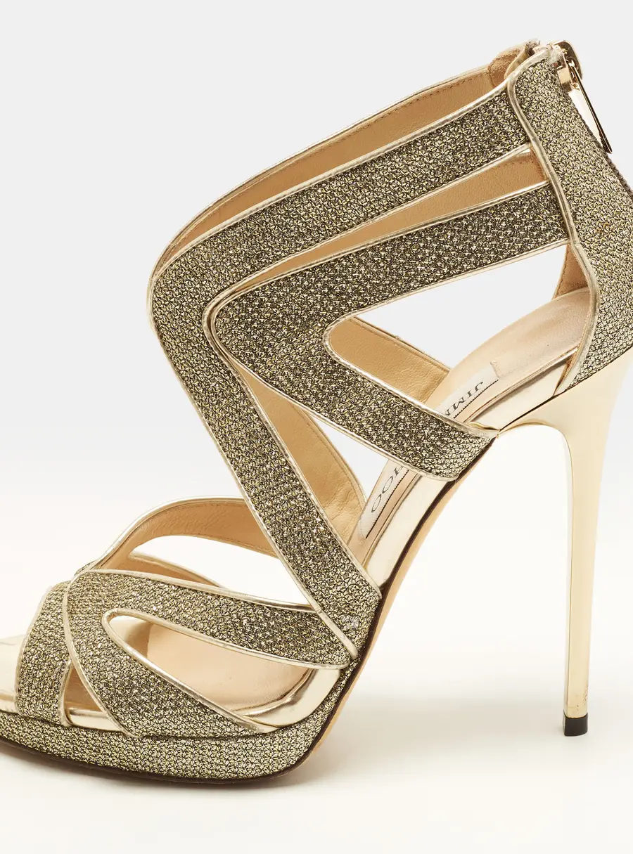 Jimmy Choo Collar Size 36 Metallic Silver Coarse Glitter and Leather Ankle Strap Sandals