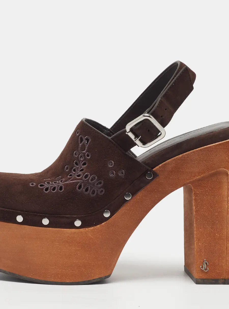 Jimmy Choo Alida Size 39 Dark Brown Suede Slingback Platform Clogs