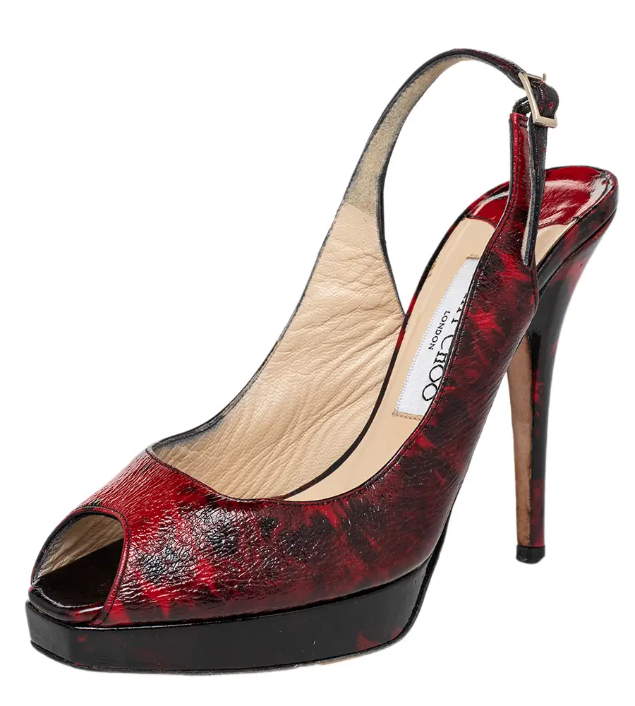 Jimmy Choo Red/Black Patent Leather Clue Peep Toe Slingback Sandals Size 36.5