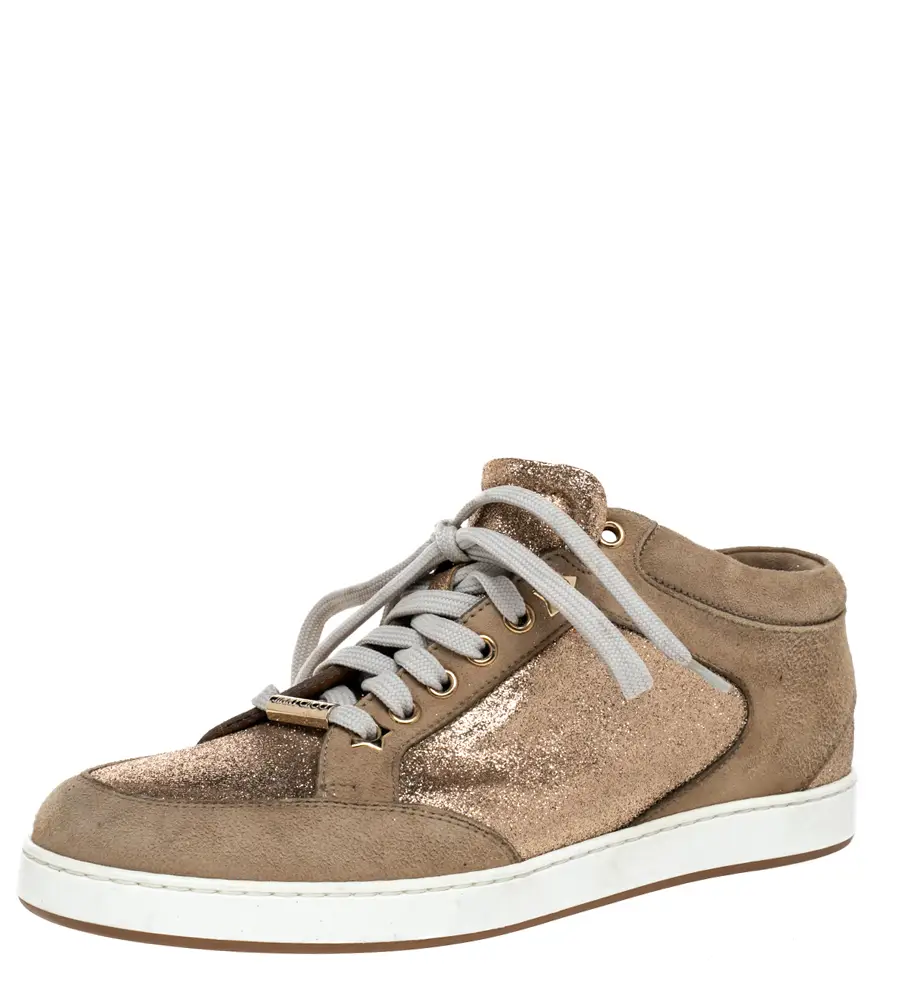 Jimmy Choo Beige Glitter And Suede Miami Lace Up Sneakers Size 38