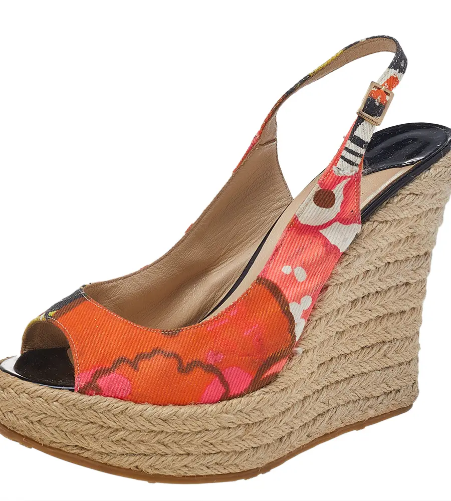 Jimmy Choo Multicolor Canvas Espadrille Wedge Slingback Sandals Size 37