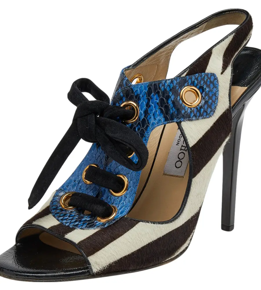 Jimmy Choo Multicolor Calf Hair And Python Leather Lace Up Sandals Size 40
