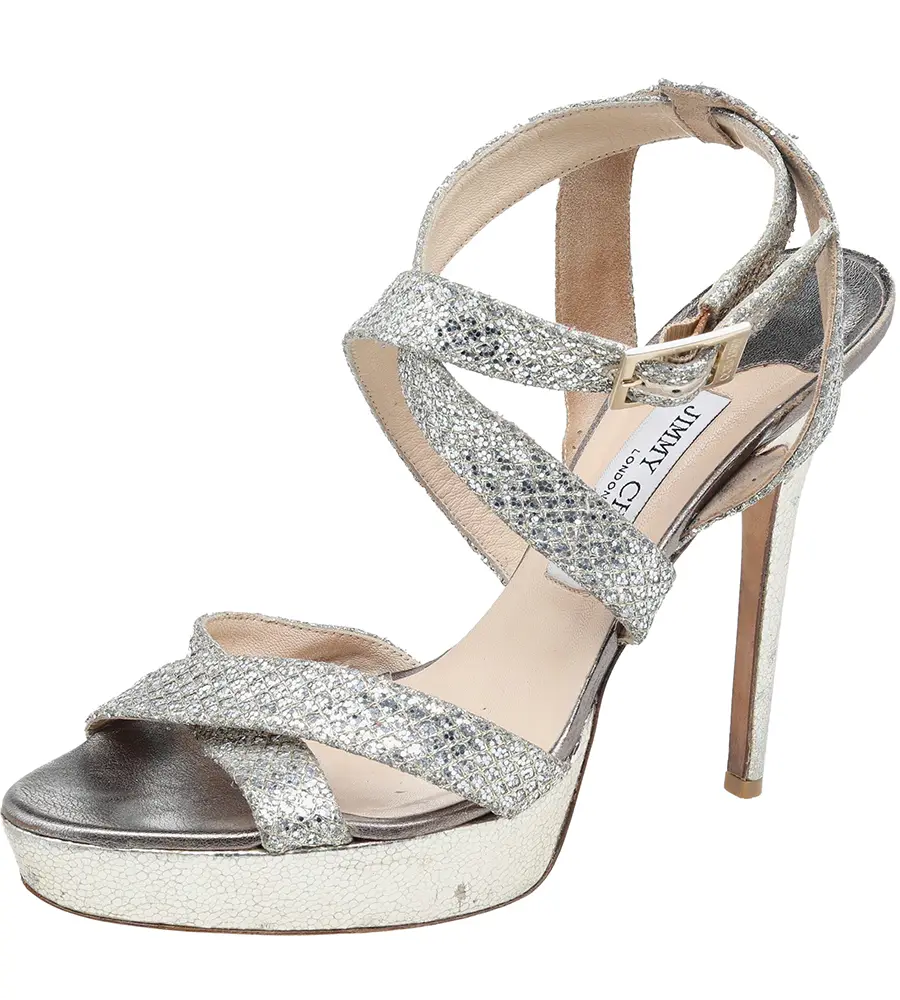 Jimmy Choo Metallic Gold Glitter Fabric Vamp Platform Strappy Sandals Size 40
