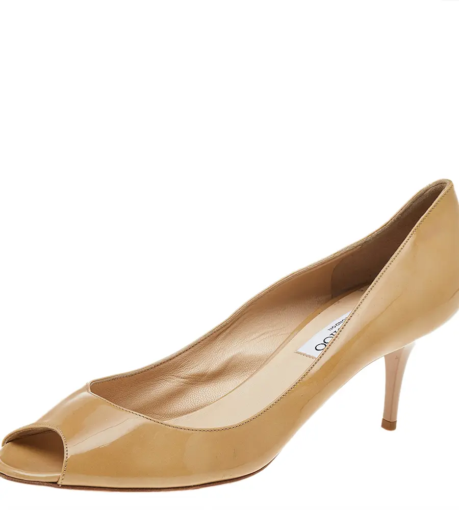 Jimmy Choo Beige Patent Leather Peep Toe Pumps Size 39.5