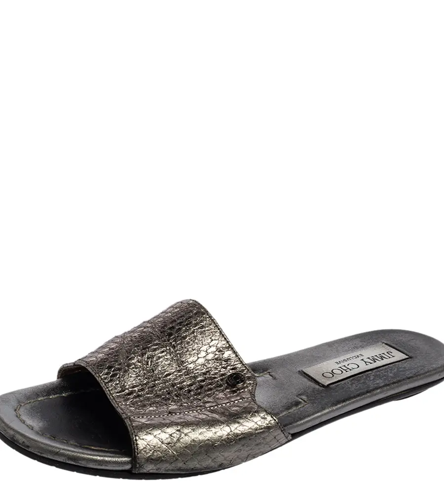 Jimmy Choo Grey Snakeskin Leather Nanda Flat Slide Sandals Size 36