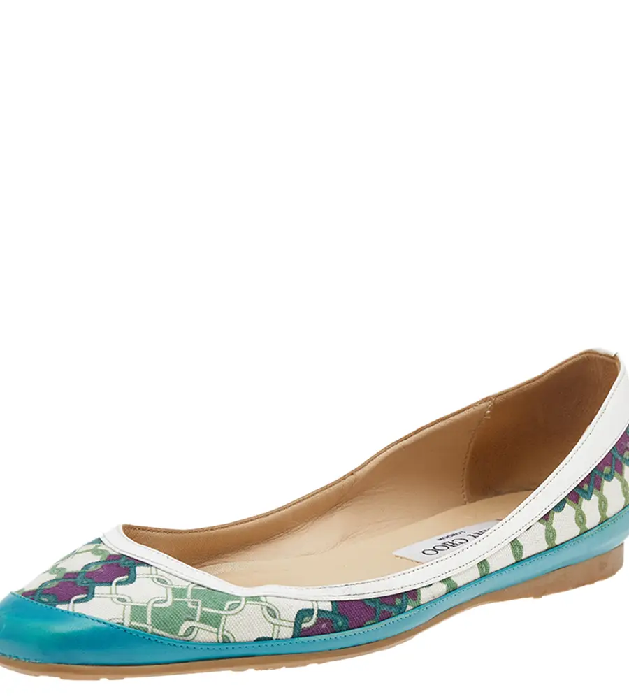 Jimmy Choo Green Printed Canvas And Leather Flats Size 39