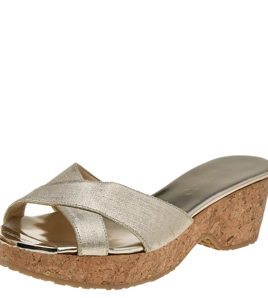 Jimmy Choo Gold Leather Cork Wedge Platform Sandals Size 36