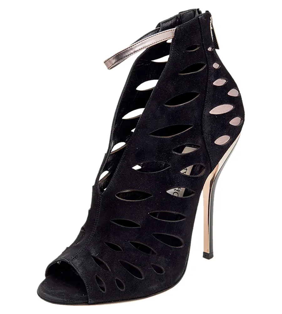 Jimmy Choo Black/Grey Suede And Leather Drift Cutout Peep Toe Booties Size 38.5