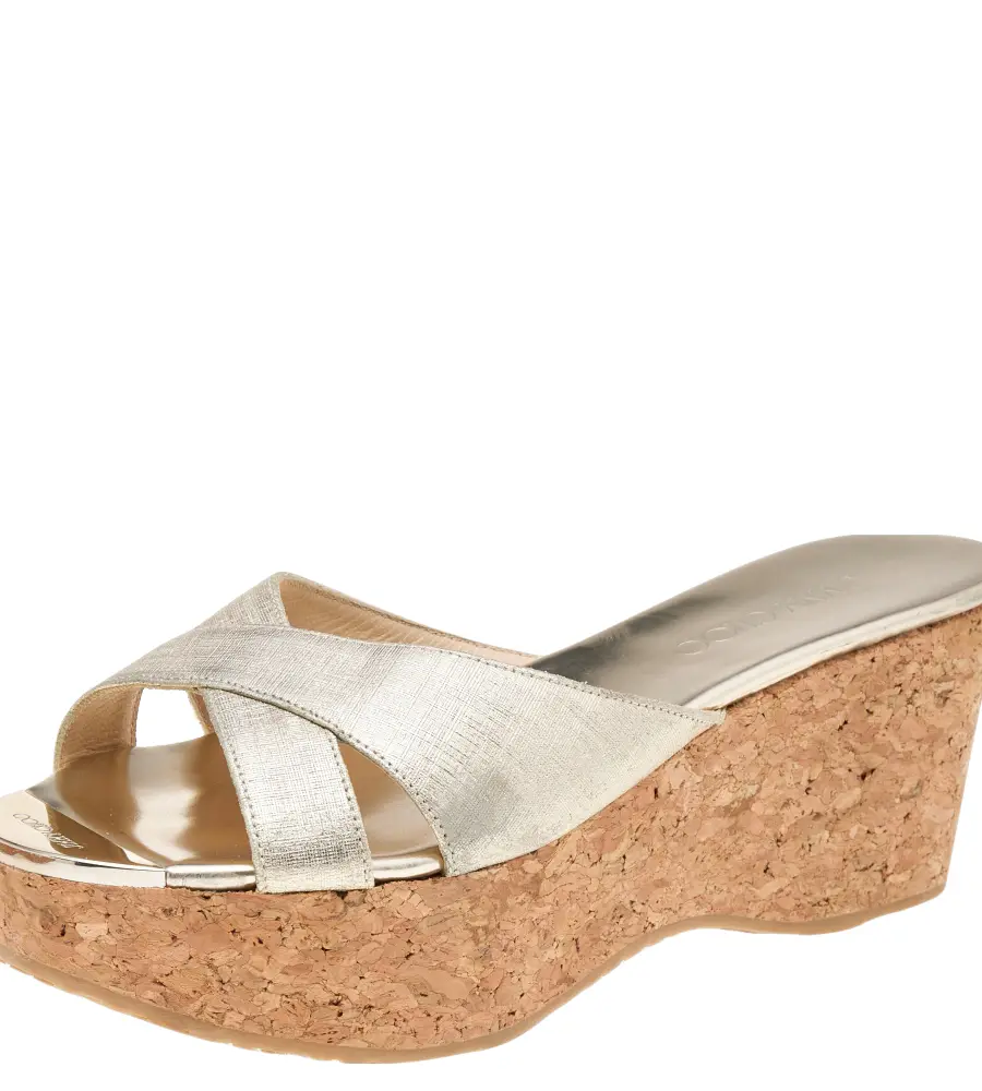 Jimmy Choo Gold Leather Prima Cork Wedge Platform Slide Sandals Size 40