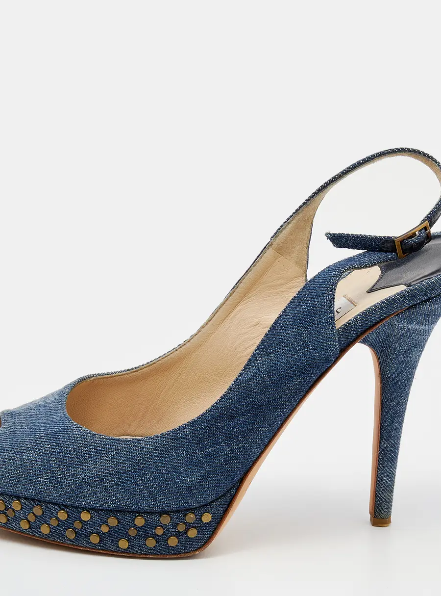 Jimmy Choo Blue Denim Peep Toe Slingback Sandals Size 37.5