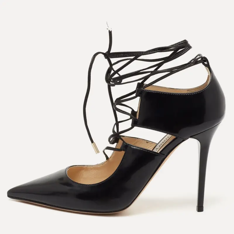 Jimmy Choo Black Leather Hoops Lace Up Pumps Size 35.5