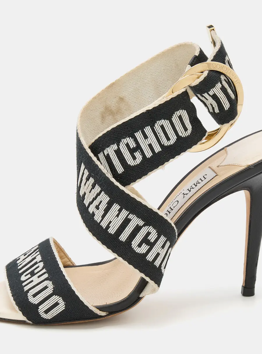 Jimmy Choo White/Black Web Bailey Logo Ankle Strap Sandals Size 38