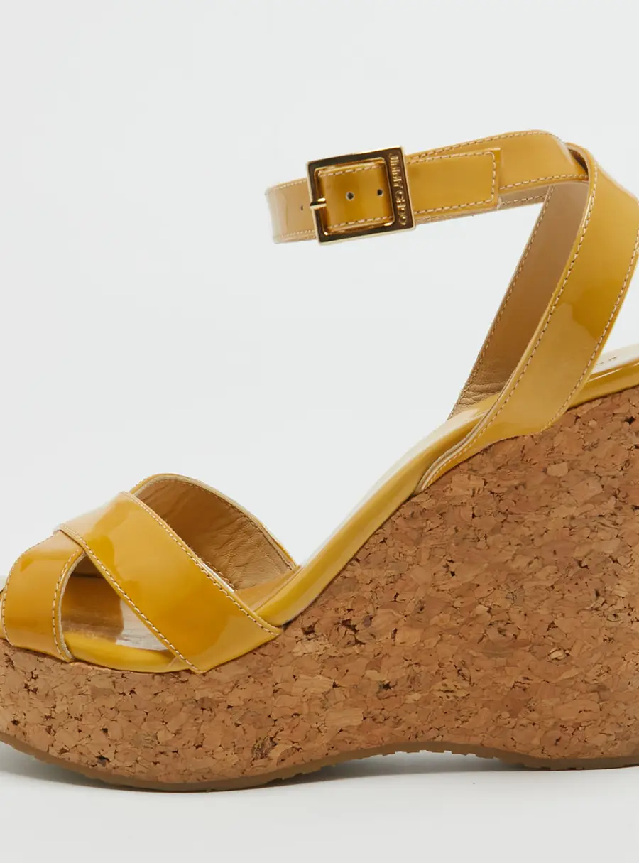 Jimmy Choo Papyrus Size 39.5 Yellow Patent Leather Cork Wedge Sandals