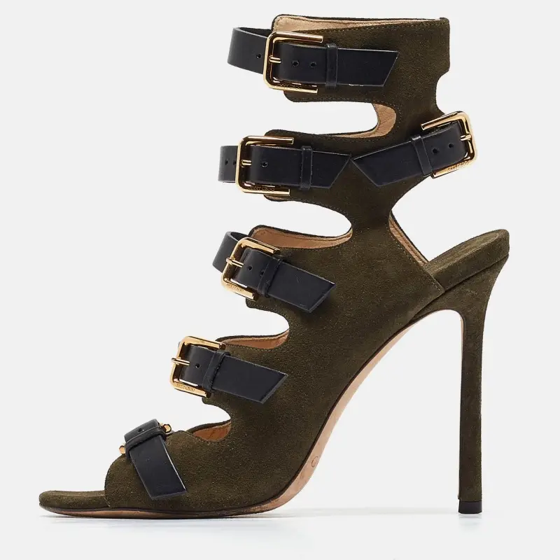 Jimmy Choo Size 37 Green Leather and Suede Ankle Strap Sandals