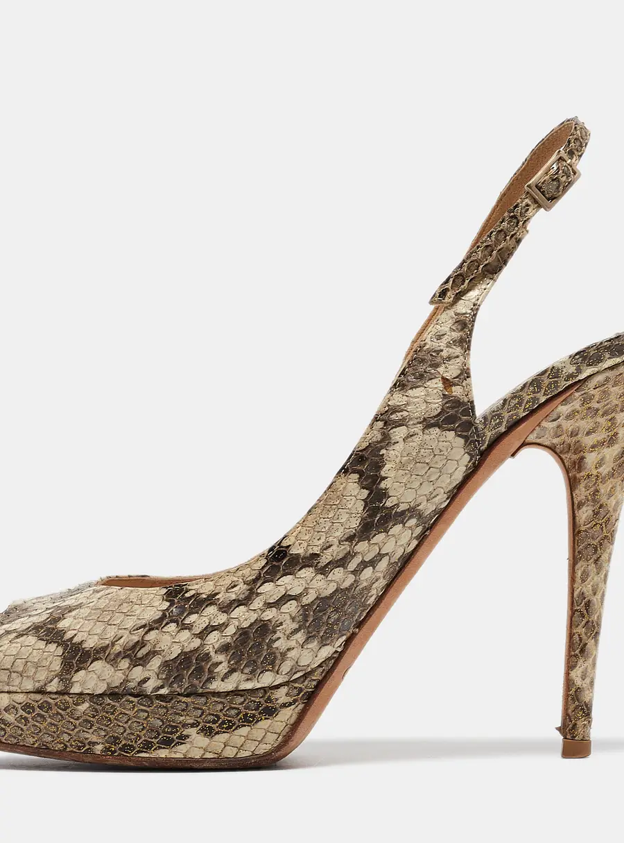 Jimmy Choo Brown/Beige Python Embossed Leather Slingback Peep Toe Pumps Size 39.5