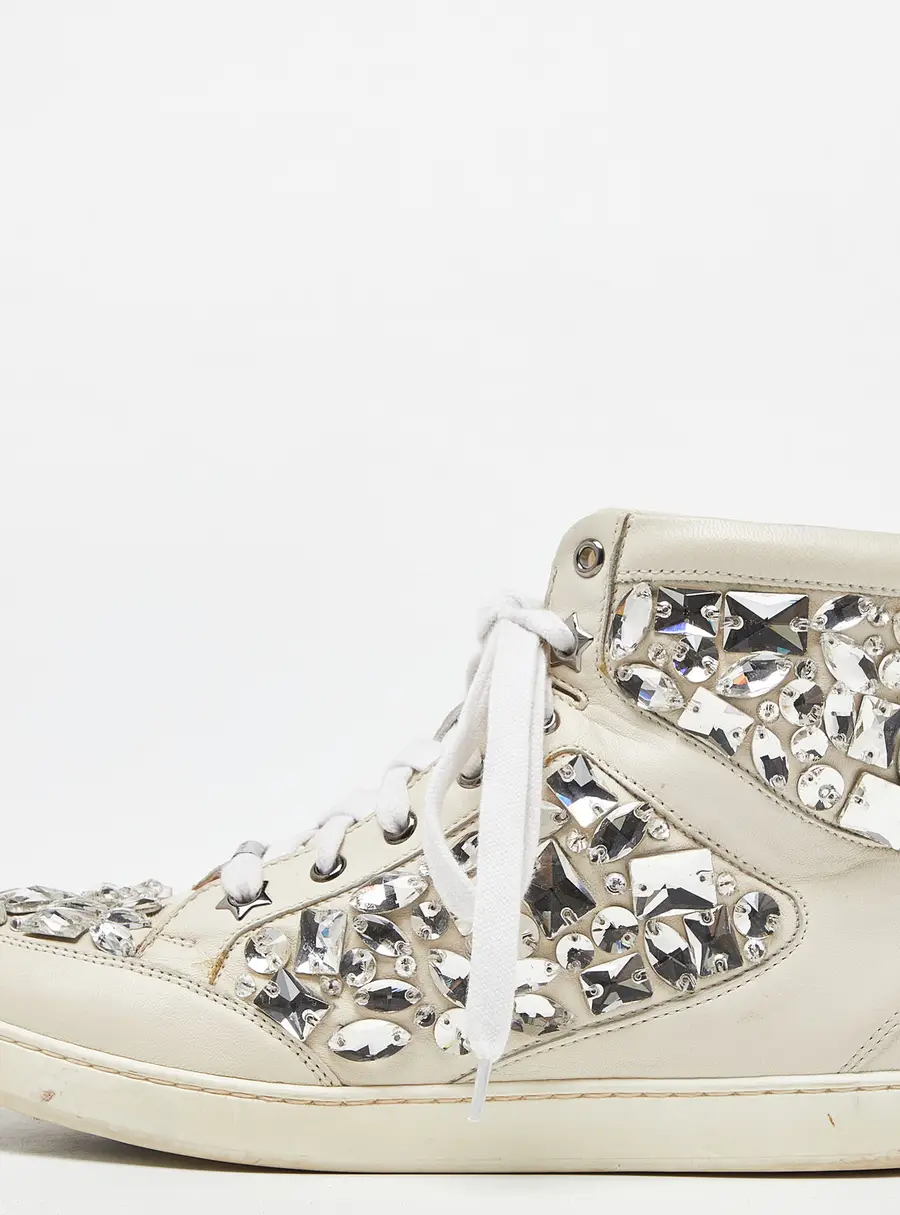 Jimmy Choo White Leather Tokyo Crystal Embellished High Top Sneakers Size 37.5