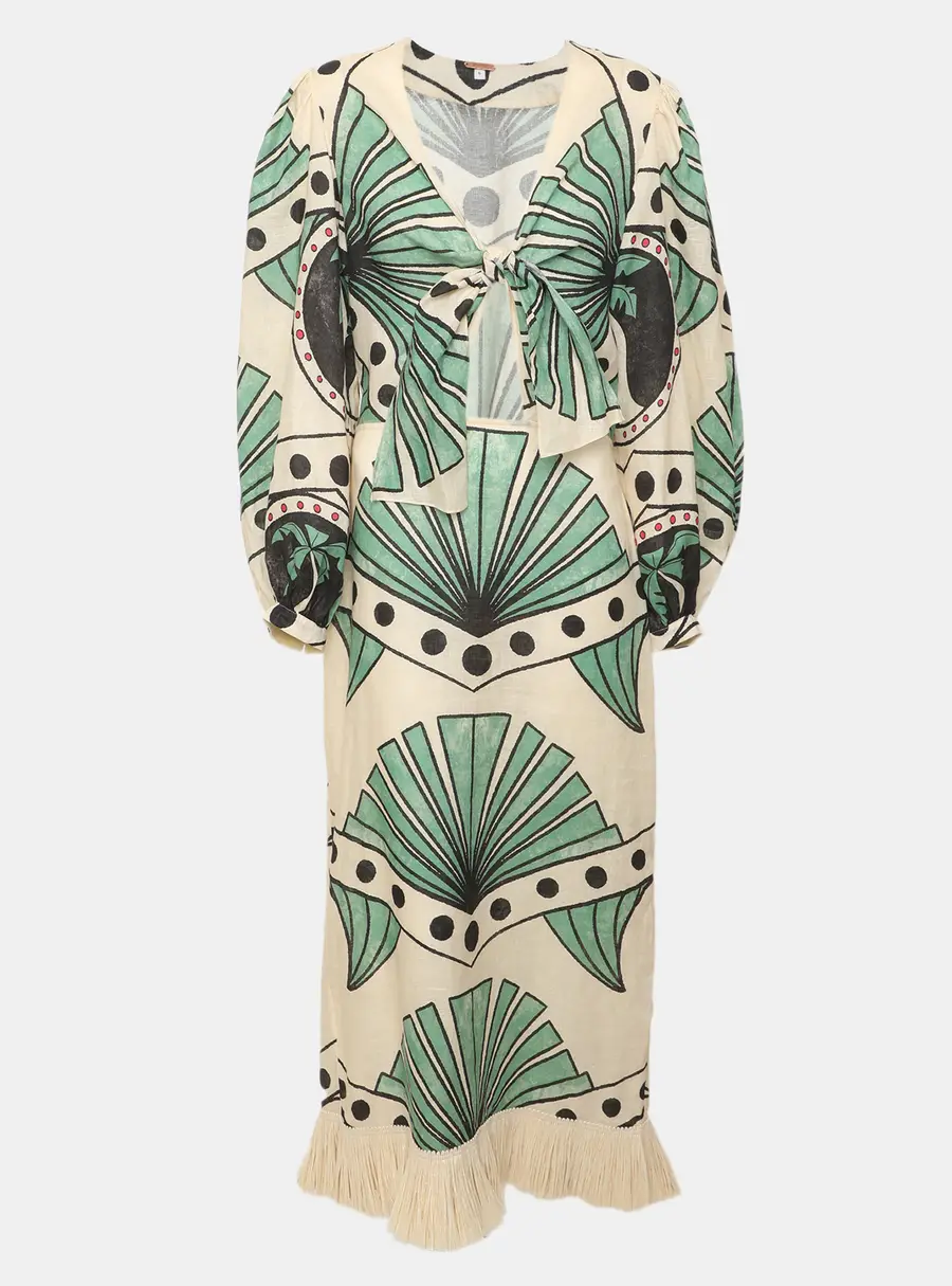 Johanna Ortiz Beige/Green Palm Print Linen and Straw Maxi Dress M