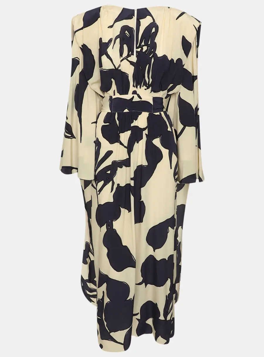 Johanna Ortiz Light Beige/Dark Blue Printed Silk Ancient Tropics Removable Sleeve Maxi Dress S
