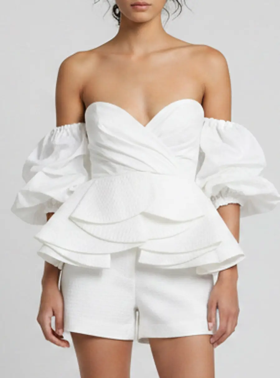 Johanna Ortiz White Cotton Puffed Sleeve Off The Shoulder Tops S
