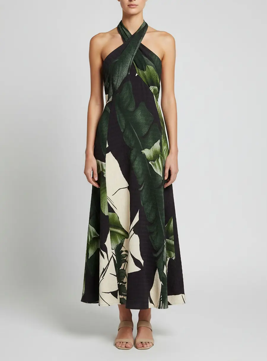Johanna Ortiz Black/Green Printed Plisse-Satin Halter Neck Midi Dress S