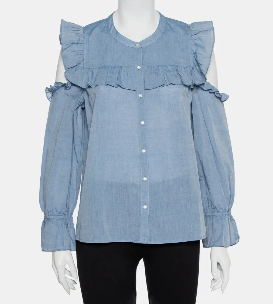 Joie Blue Cotton Cold Shoulder Ruffled Button Front Akari Top M