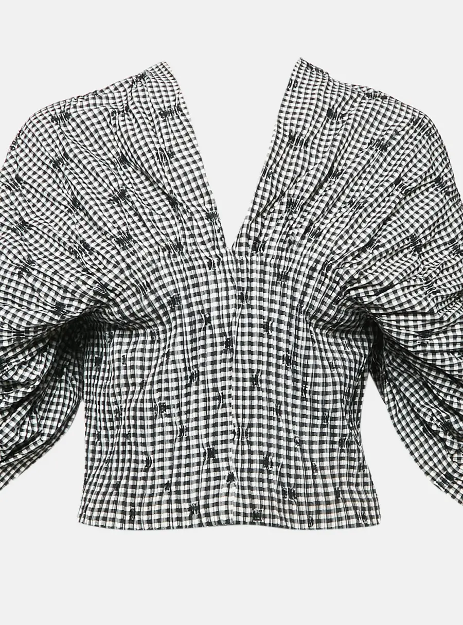 Jonathan Simkhai Black/White Gingham Crepe Pleated Corset Top M