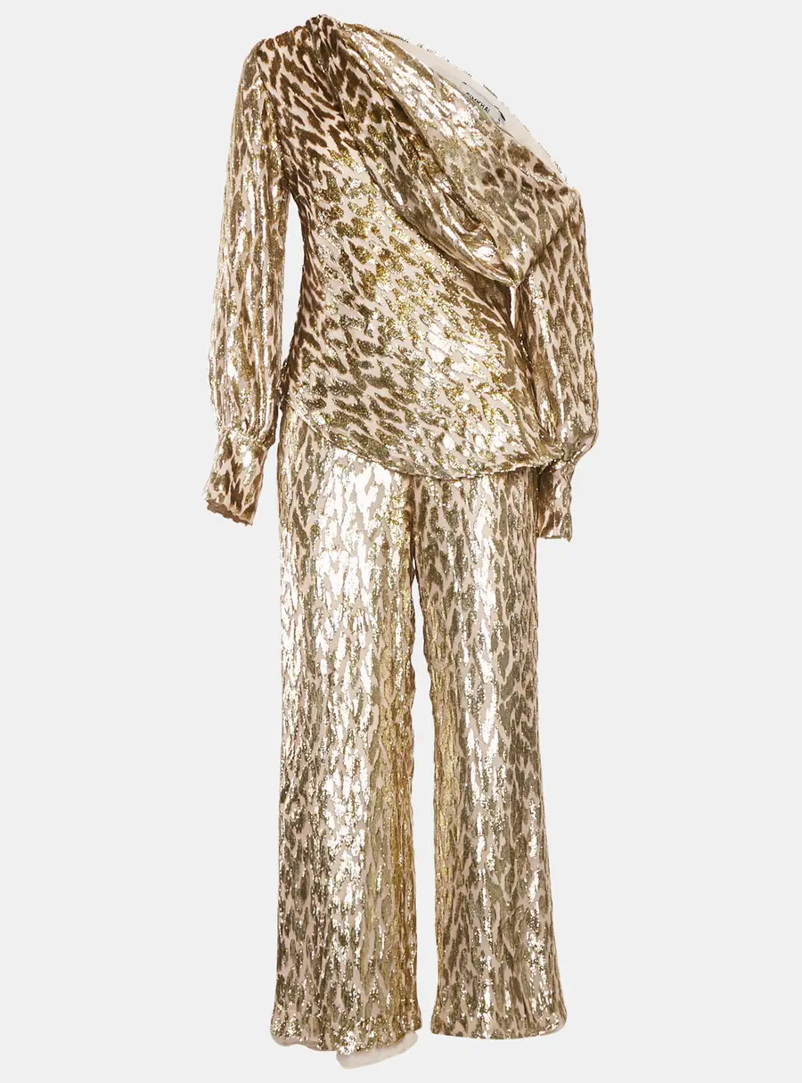 Jonathan Simkhai Gold Silk and Lurex Top and Pants Set S/XS