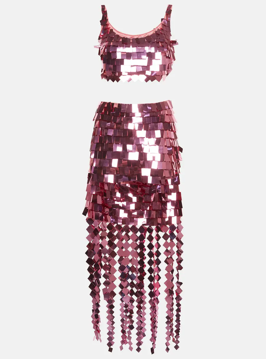 Jonathan Simkhai Pink Sequin Ronette Bralette and Lucee Skirt Suit XS