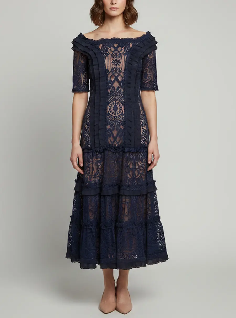 Jonathan Simkhai Navy Blue Floral Lace Tiered Off-Shoulder Midi Dress S