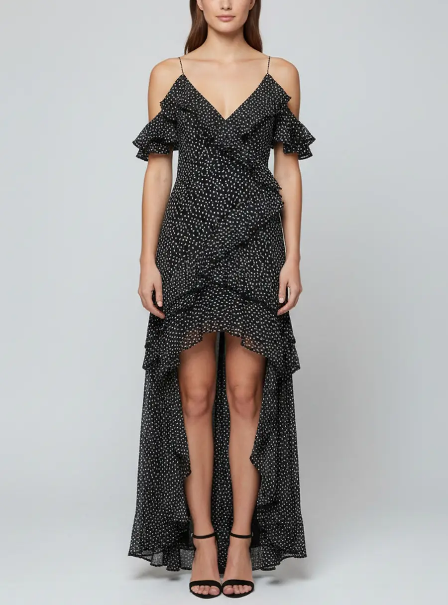 Jonathan Simkhai Black Speckle Print Chiffon Asymmetric Midi Dress S