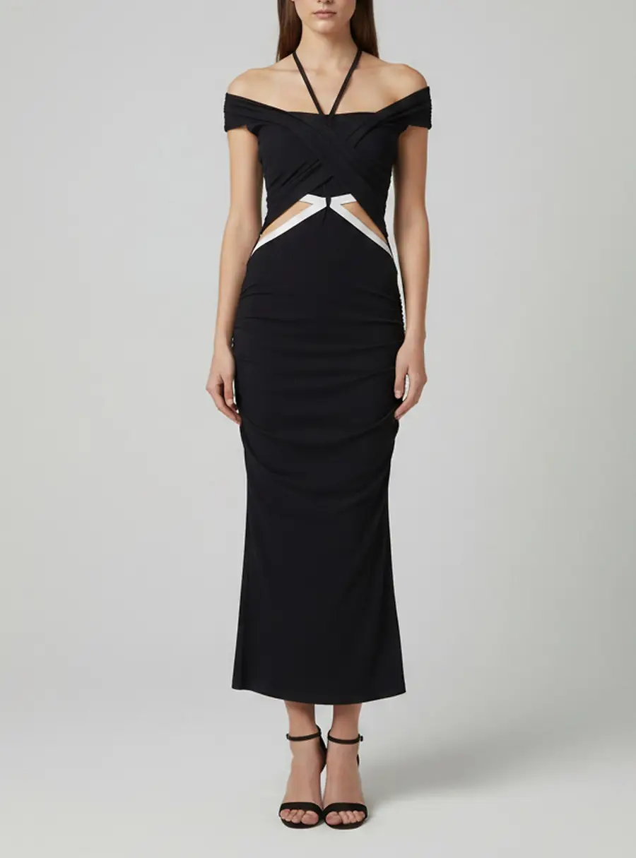 Jonathan Simkhai Navy Blue Stretch Knit Draped Back Open Dress L