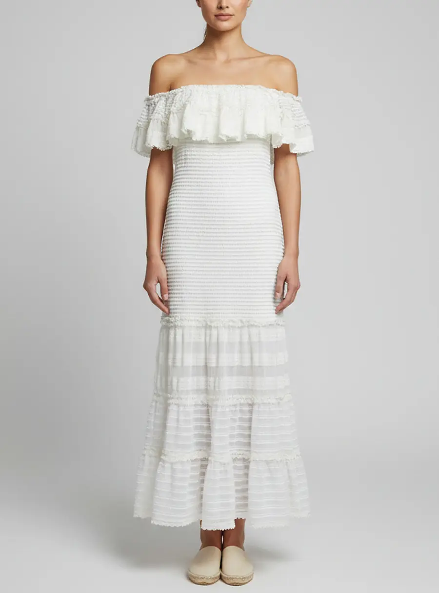 Jonathan Simkhai White Ruffled Lace Off-Shoulder Trumpet Midi Dress M