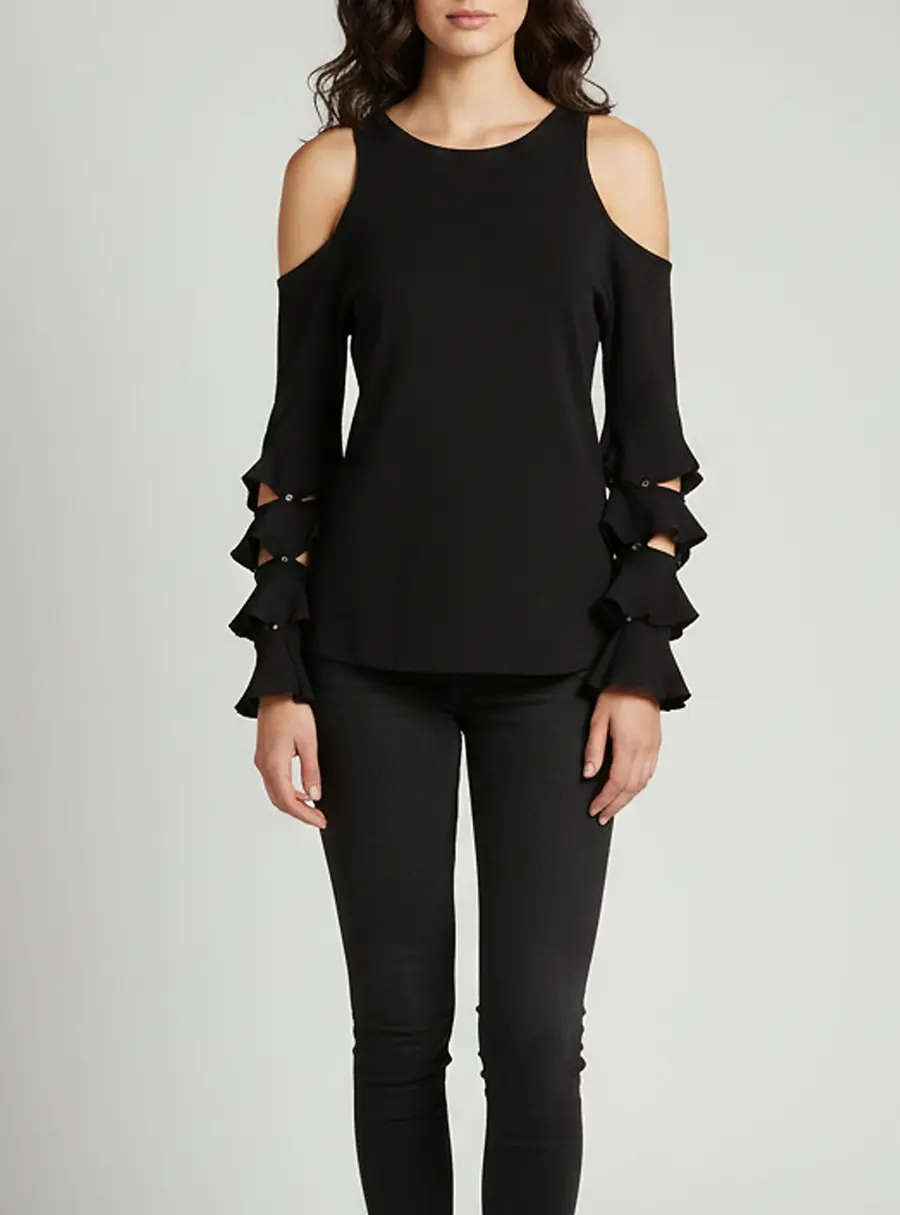 Jonathan Simkhai Black Ruffled Sleeve Knit Cold Shoulder Top L