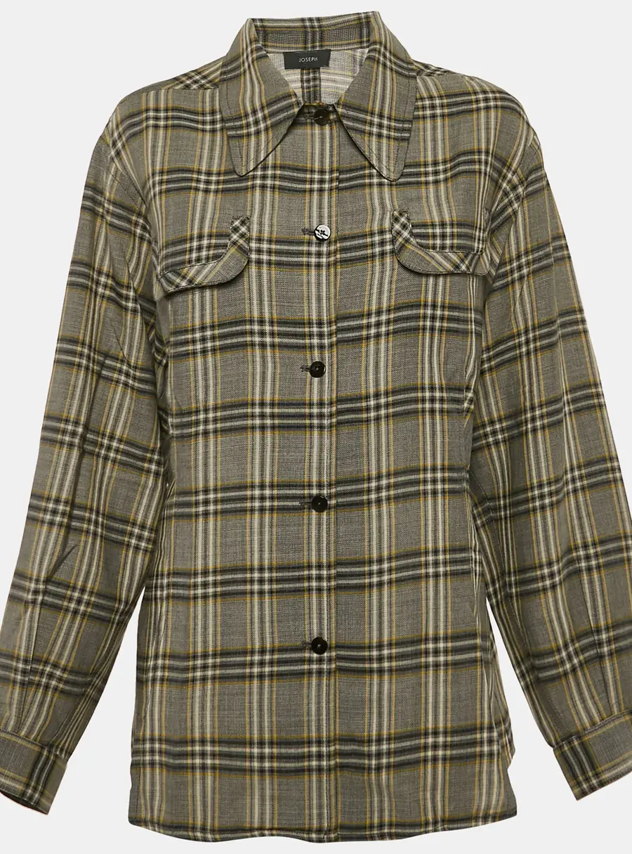Joseph Grey Tropical Check Wool Button Front Asher Blouse L