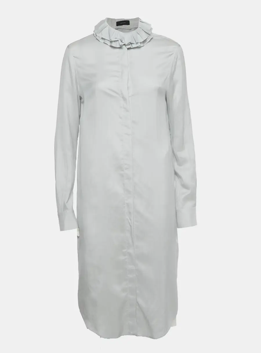 Joseph White Striped Silk Ruffle Neck Shirt Dress M