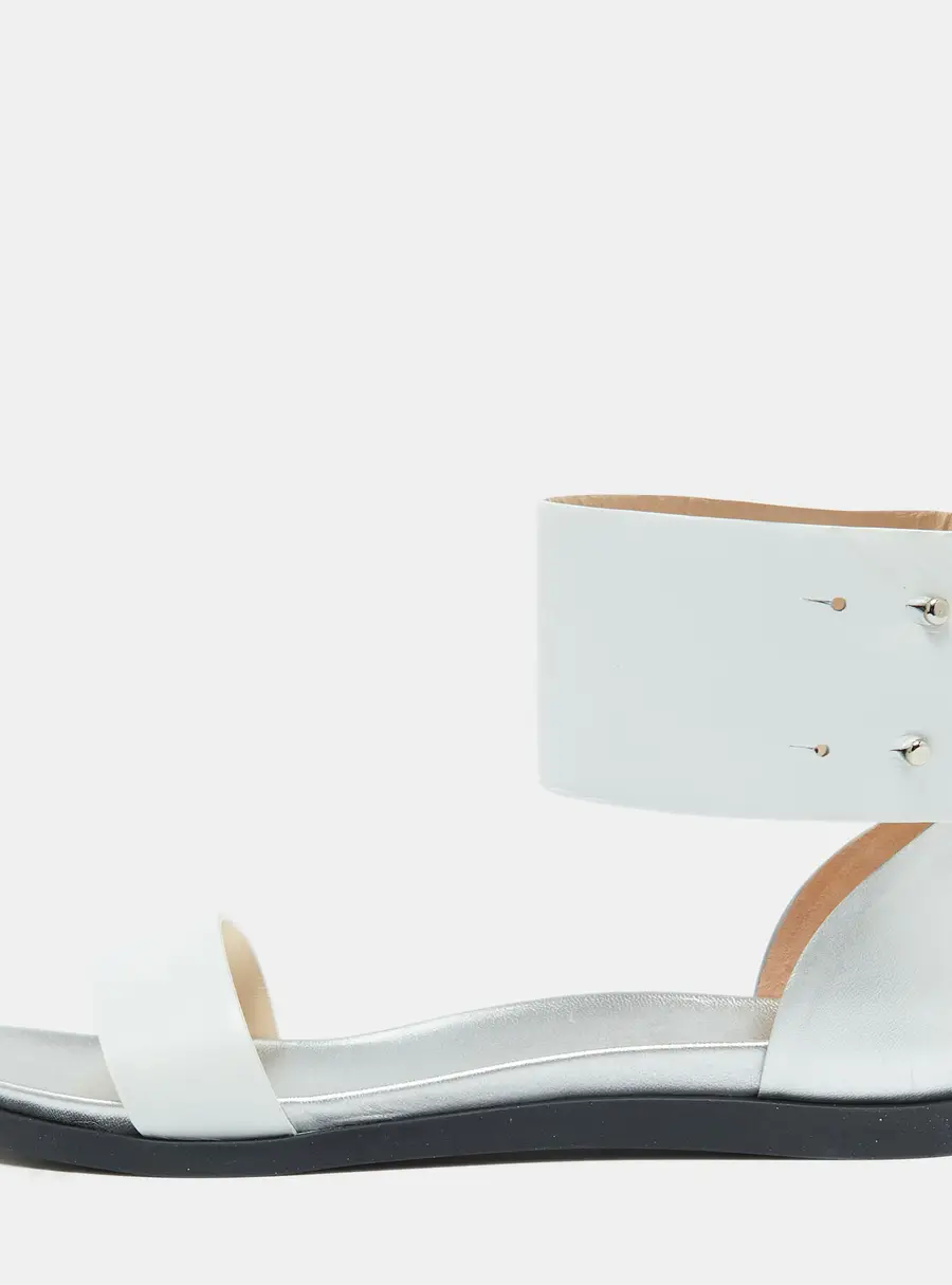 Joseph White/Silver Leather Ankle Strap Flat Sandals Size 40