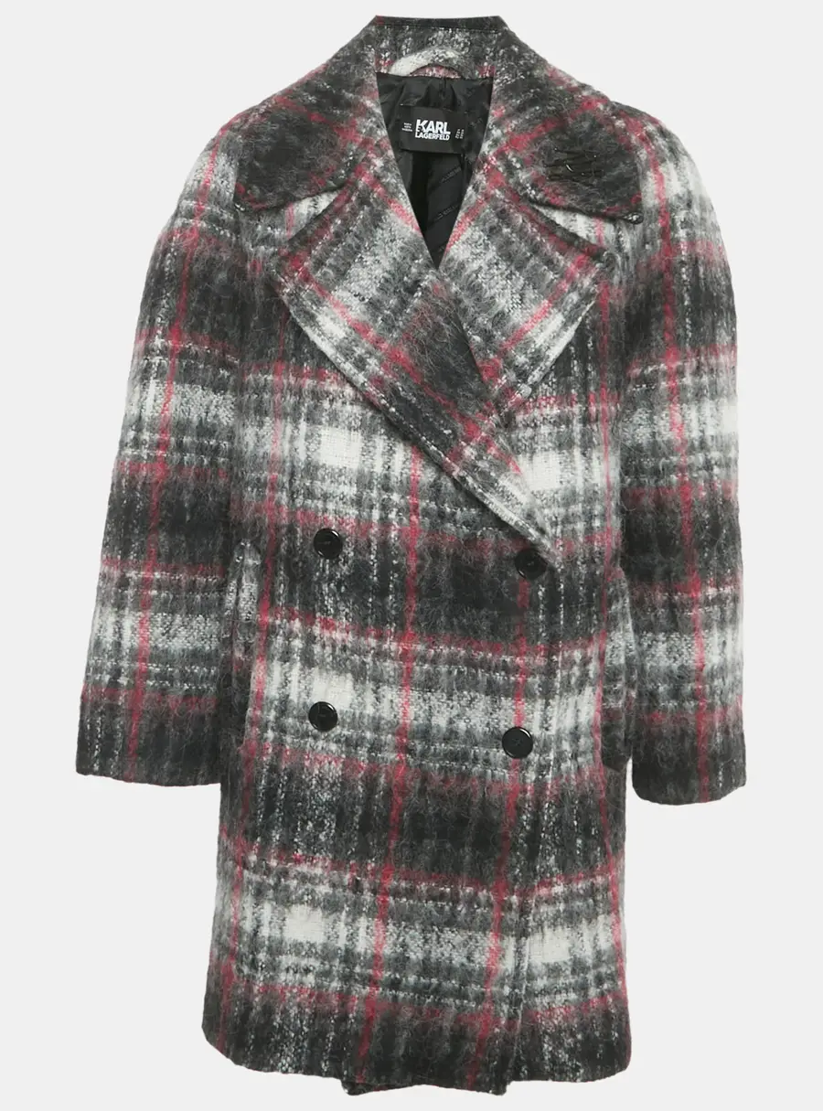 Karl Lagerfeld Grey/Pink Check Wool Tailored Coat S