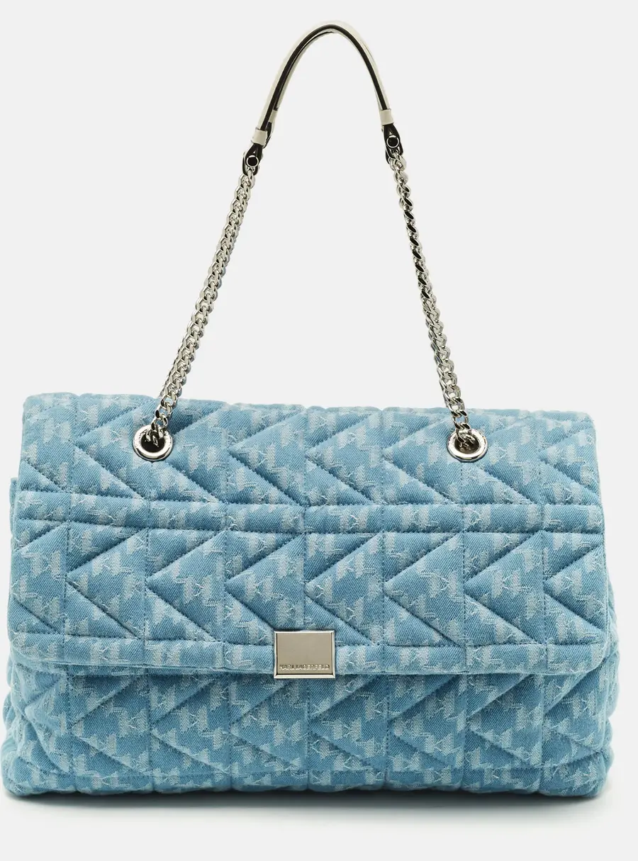 Karl Lagerfeld K/Kuilted Large Blue Denim Jacquard Flap Shoulder Bag