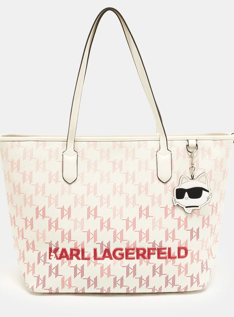 Karl Lagerfeld K/ Ikonik Off White/Red Monogram Coated Canvas and Leather Shopper Tote