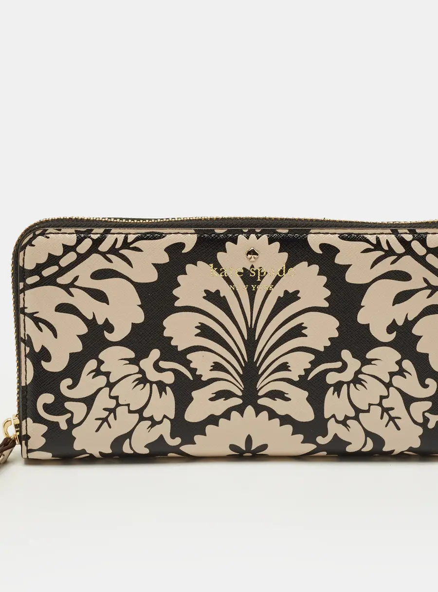 Kate Spade Black/Beige Damask Print Leather Zip Around Continental Wallet