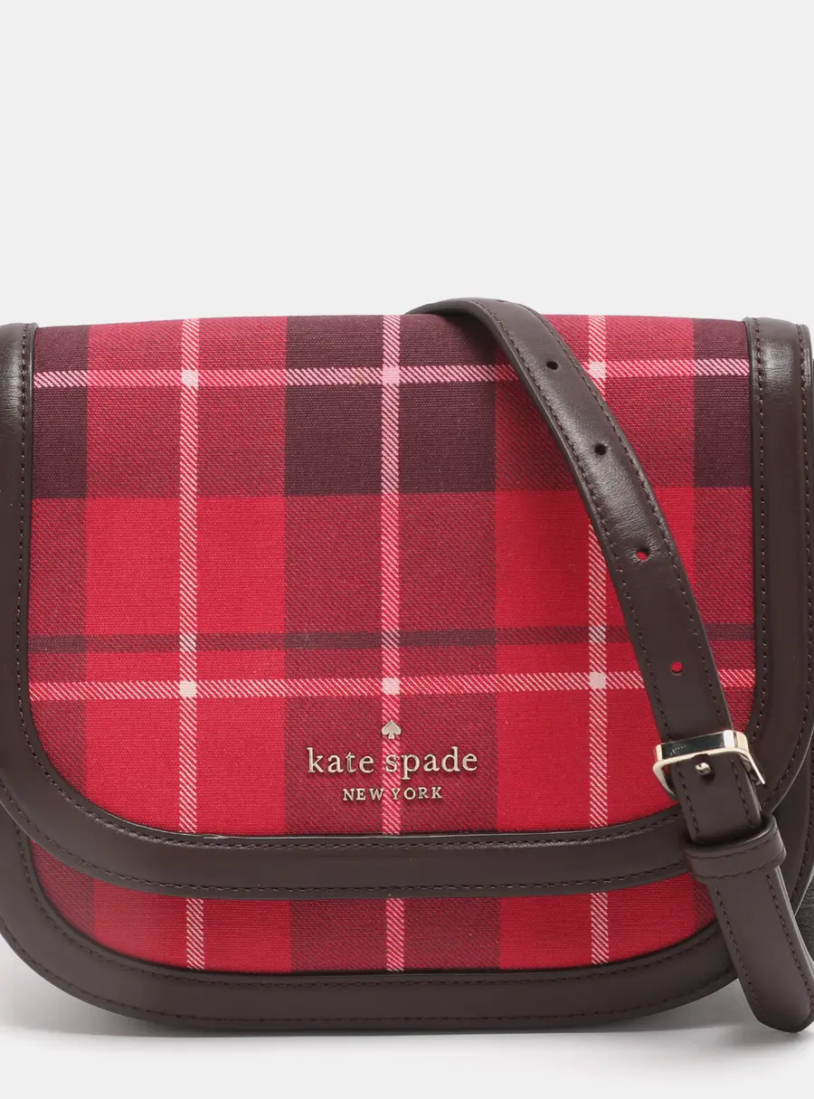 Kate Spade Red/Brown Canvas and Leather Blake Plaid Crossbody Bag