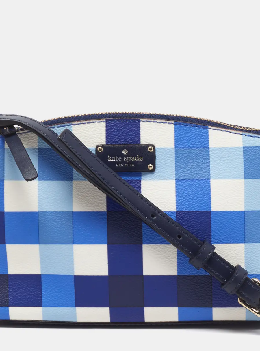 Kate Spade Grove Street Print Pacific Gingham Millie Blue Coated Canvas and Leather Crossbody Bag