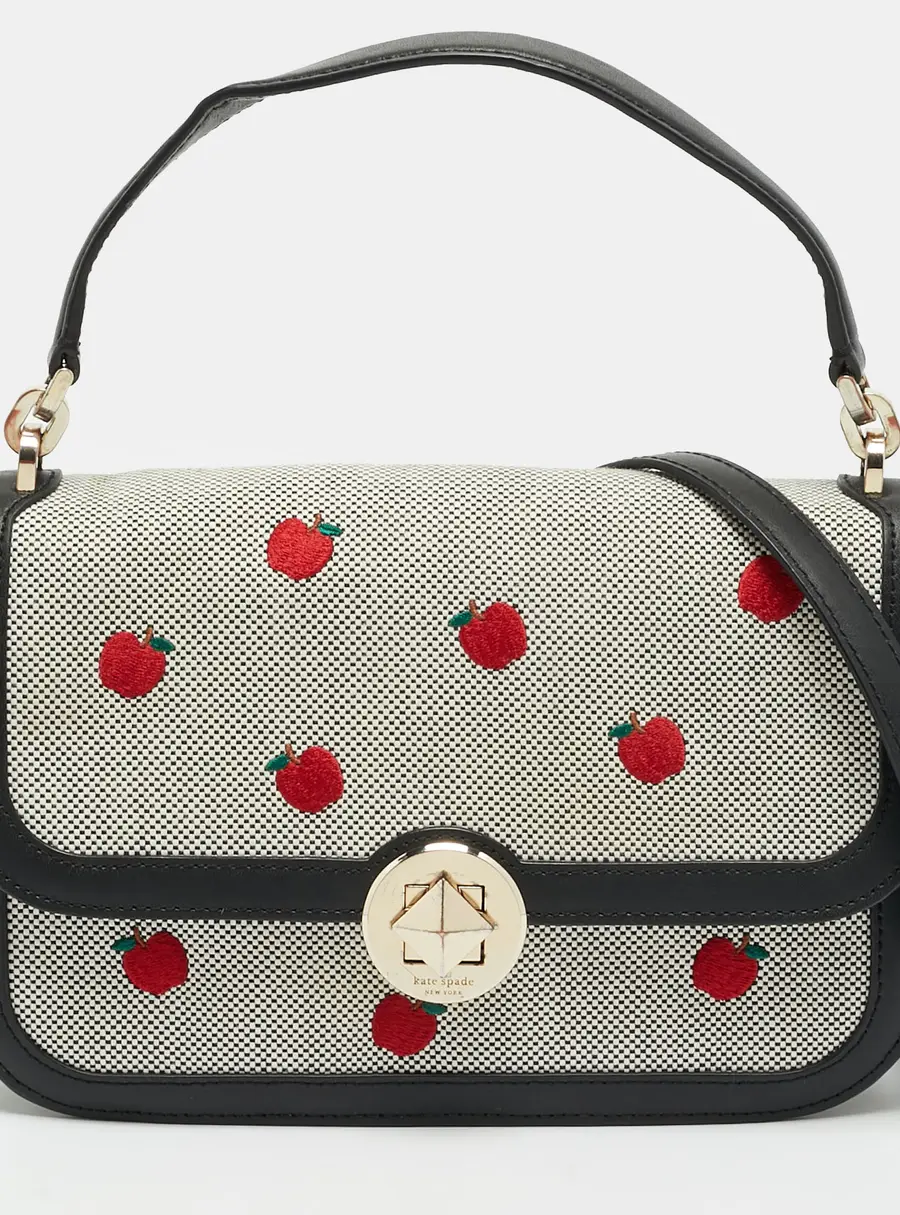 Kate Spade Black Audrey Apple Flap Canvas and Leather Top Handle Bag