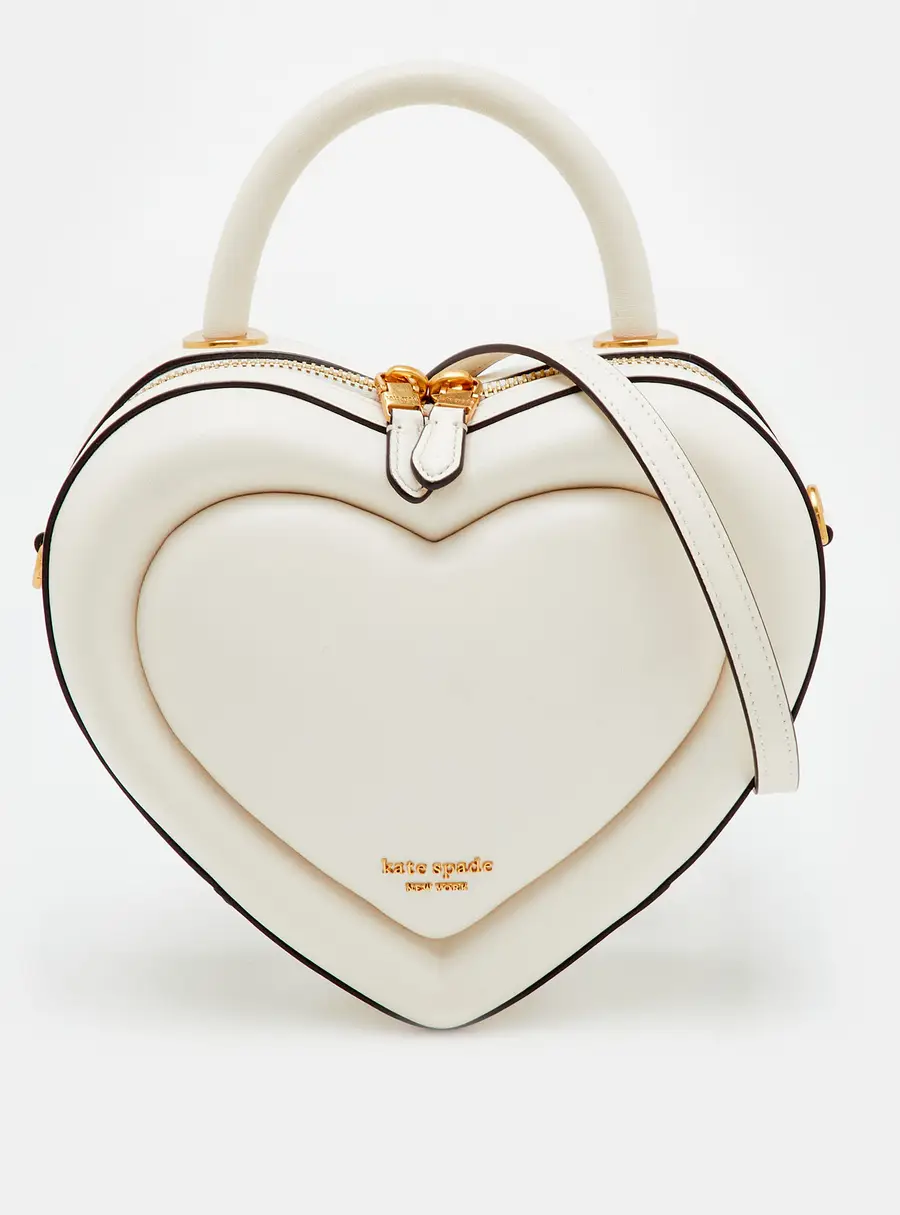 Kate Spade Off White Leather Pitter Patter 3D Heart Top Handle Bag