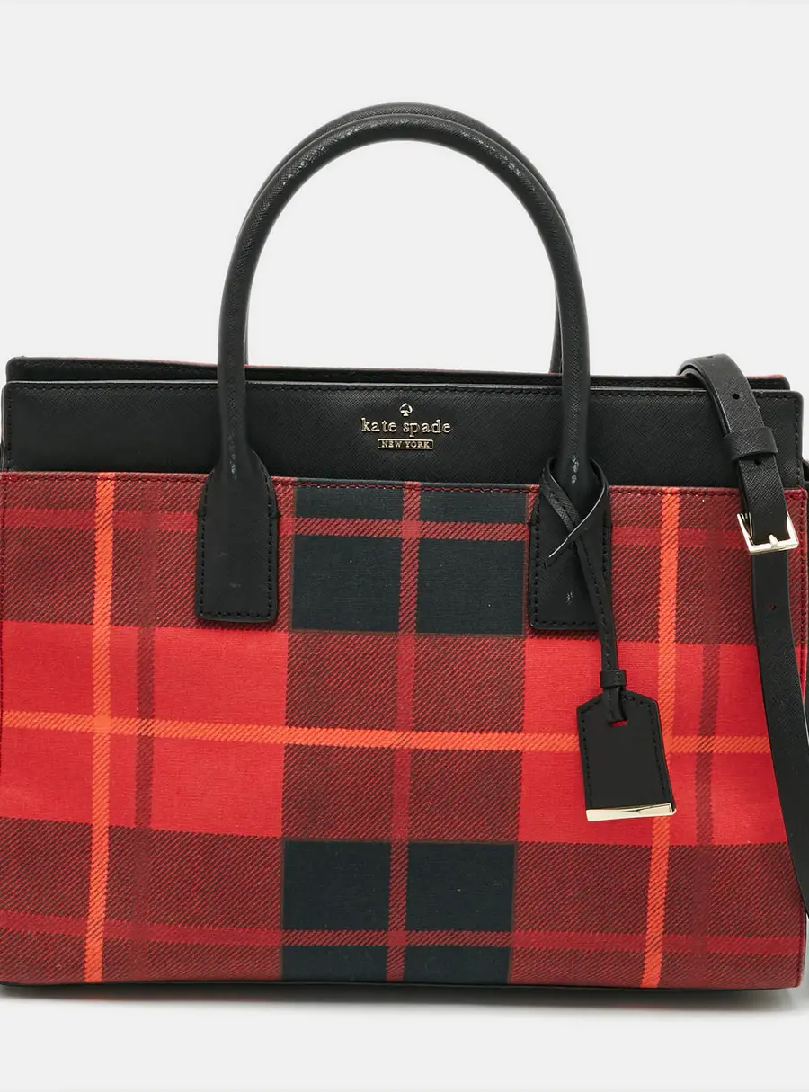 Kate Spade Cameron Street Candace Plaid Red/Black Canvas and Leather Tote