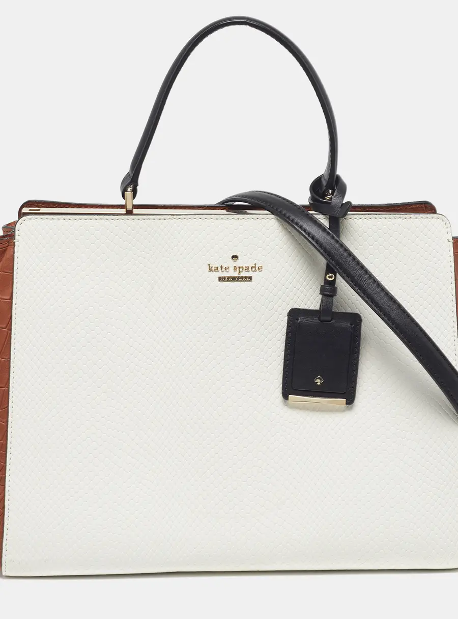 Kate Spade Angelika Pembrey Palace White/Brown Croc and Snakeskin Embossed Leather Top Handle Bag